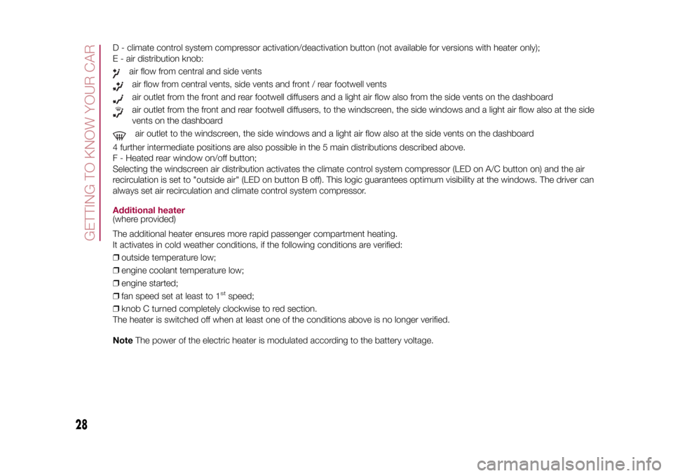 FIAT 500X 2015 2.G Owners Manual D - climate control system compressor activation/deactivation button (not available for versions with heater only);
E - air distribution knob:
air flow from central and side ventsair flow from central
