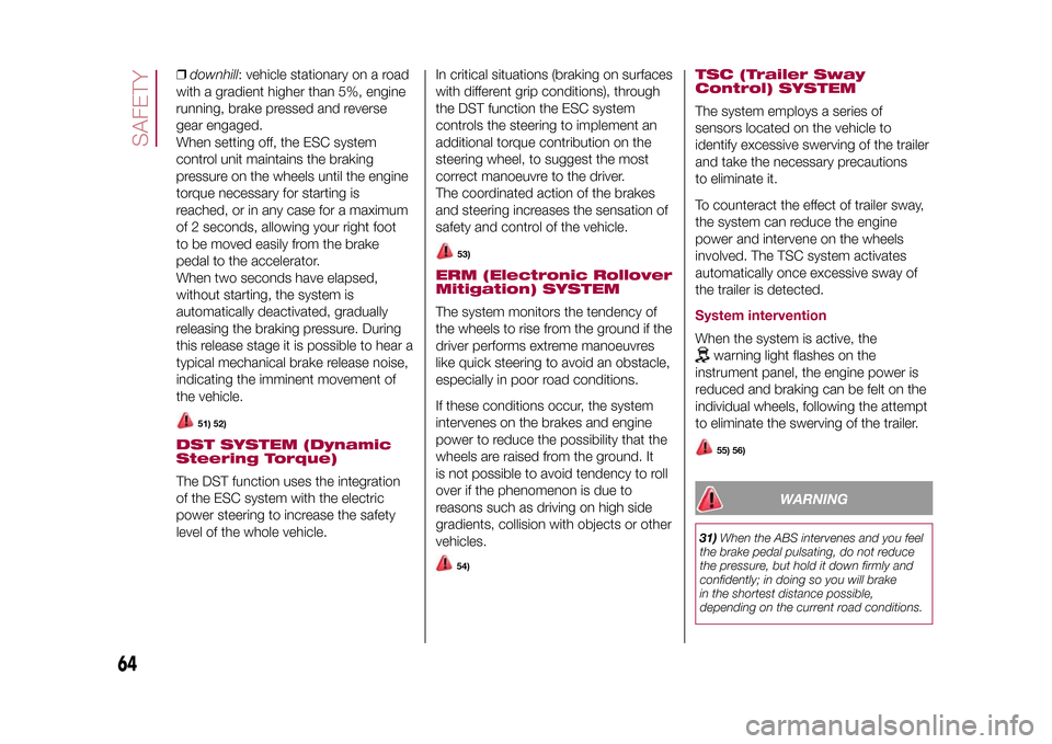 FIAT 500X 2015 2.G Owners Manual ❒downhill: vehicle stationary on a road
with a gradient higher than 5%, engine
running, brake pressed and reverse
gear engaged.
When setting off, the ESC system
control unit maintains the braking
pr FIAT 500X 2015 2.G Owners Manual ❒downhill: vehicle stationary on a road
with a gradient higher than 5%, engine
running, brake pressed and reverse
gear engaged.
When setting off, the ESC system
control unit maintains the braking
pr