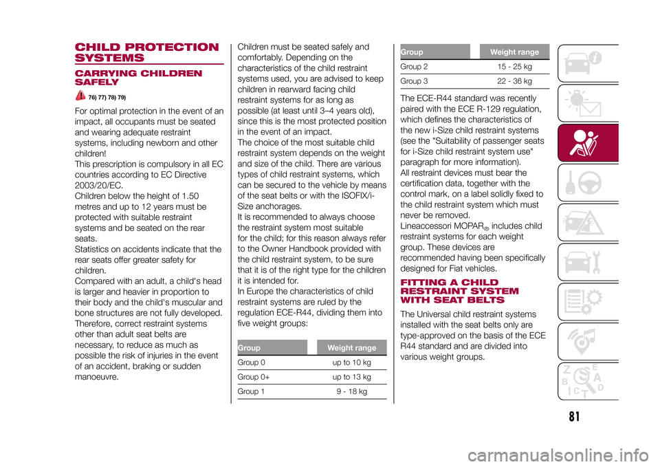 FIAT 500X 2015 2.G Owners Manual CHILD PROTECTION
SYSTEMSCARRYING CHILDREN
SAFELY
76) 77) 78) 79)
For optimal protection in the event of an
impact, all occupants must be seated
and wearing adequate restraint
systems, including newbor FIAT 500X 2015 2.G Owners Manual CHILD PROTECTION
SYSTEMSCARRYING CHILDREN
SAFELY
76) 77) 78) 79)
For optimal protection in the event of an
impact, all occupants must be seated
and wearing adequate restraint
systems, including newbor