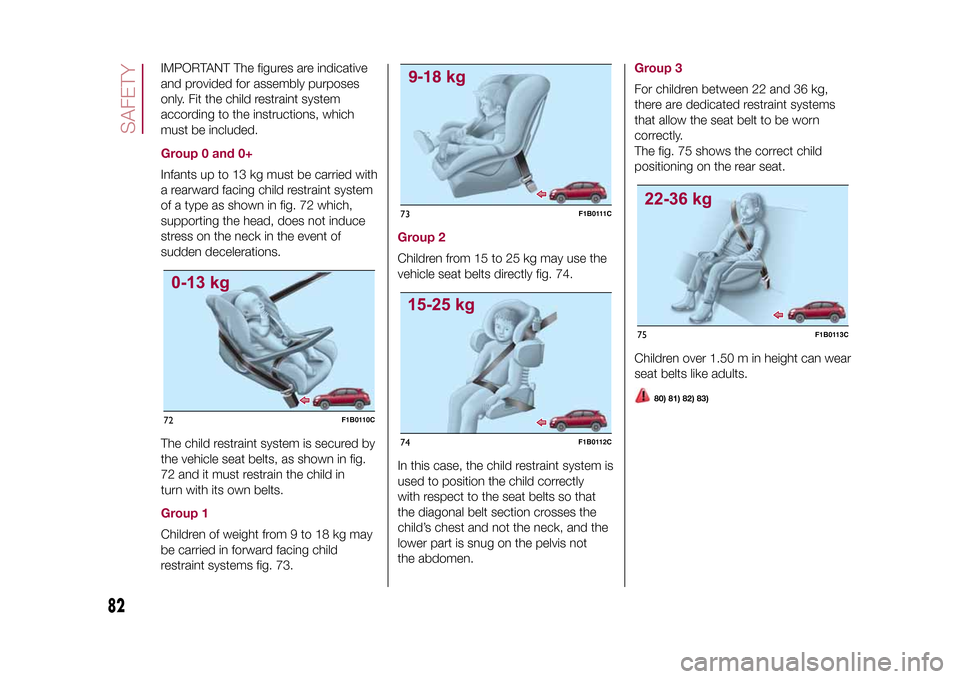 FIAT 500X 2015 2.G Owners Manual IMPORTANT The figures are indicative
and provided for assembly purposes
only. Fit the child restraint system
according to the instructions, which
must be included.Group 0 and 0+Infants up to 13 kg mus FIAT 500X 2015 2.G Owners Manual IMPORTANT The figures are indicative
and provided for assembly purposes
only. Fit the child restraint system
according to the instructions, which
must be included.Group 0 and 0+Infants up to 13 kg mus