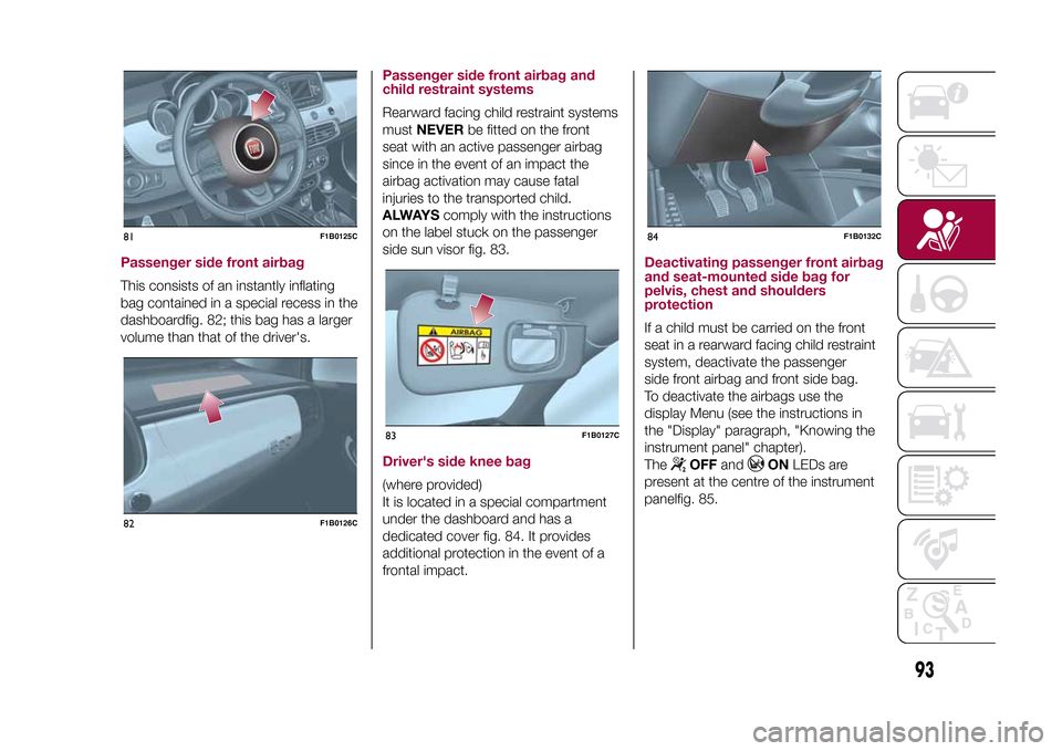 FIAT 500X 2015 2.G Owners Manual Passenger side front airbagThis consists of an instantly inflating
bag contained in a special recess in the
dashboardfig. 82; this bag has a larger
volume than that of the drivers.
Passenger side fro FIAT 500X 2015 2.G Owners Manual Passenger side front airbagThis consists of an instantly inflating
bag contained in a special recess in the
dashboardfig. 82; this bag has a larger
volume than that of the drivers.
Passenger side fro
