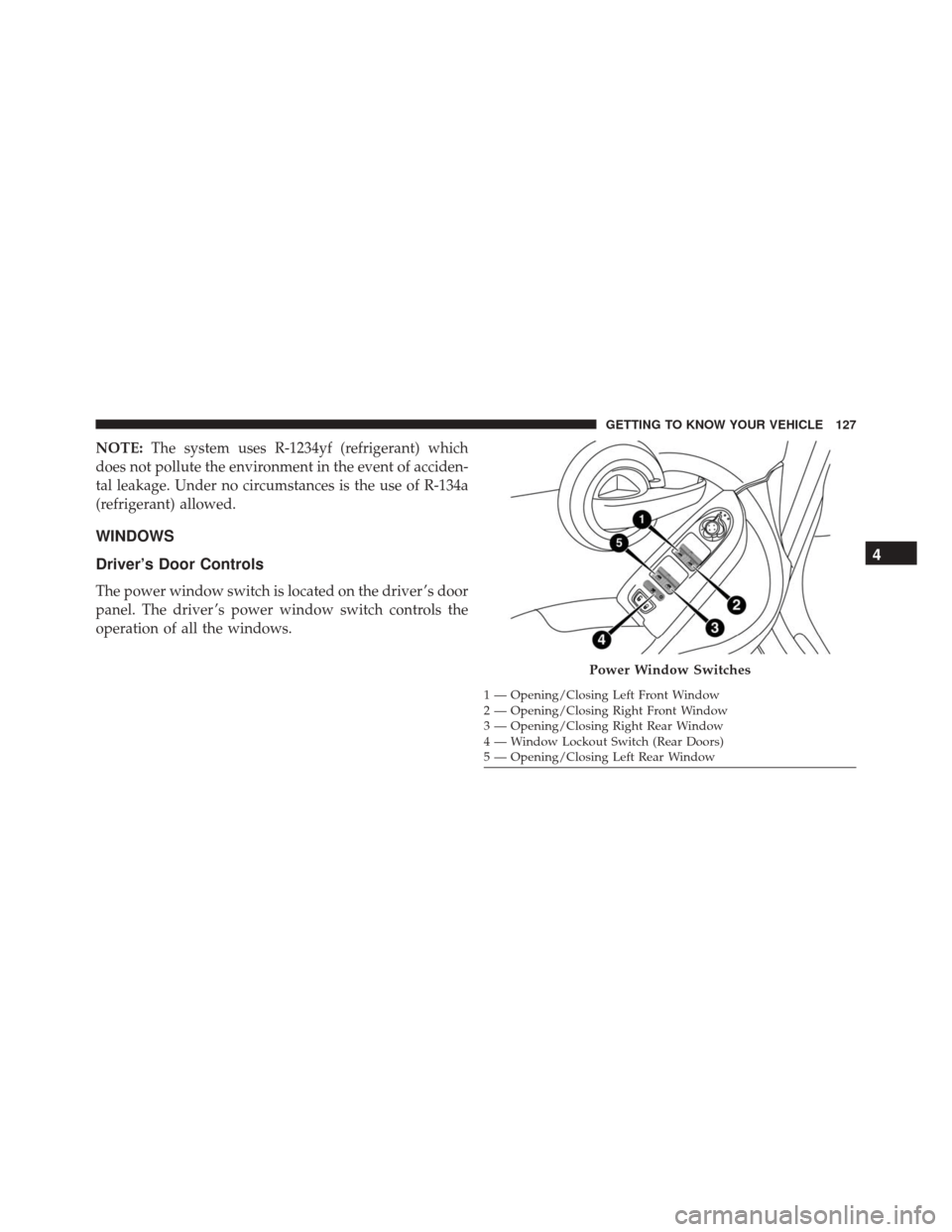 FIAT 500X 2016 2.G Owners Manual NOTE:The system uses R-1234yf (refrigerant) which
does not pollute the environment in the event of acciden-
tal leakage. Under no circumstances is the use of R-134a
(refrigerant) allowed.
WINDOWS
Driv