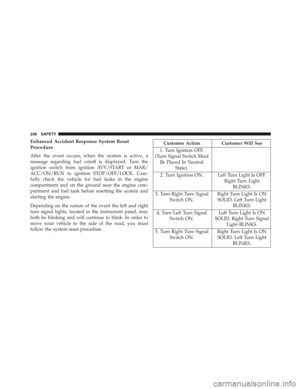 FIAT 500X 2016 2.G Owners Manual Enhanced Accident Response System Reset
Procedure
After the event occurs, when the system is active, a
message regarding fuel cutoff is displayed. Turn the
ignition switch from ignition AVV/START or M