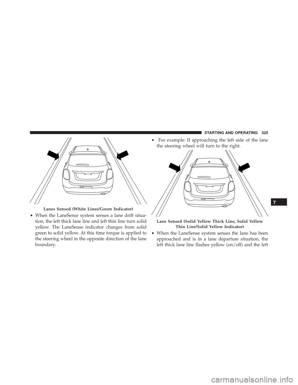 FIAT 500X 2016 2.G Owners Manual •When the LaneSense system senses a lane drift situa-
tion, the left thick lane line and left thin line turn solid
yellow. The LaneSense indicator changes from solid
green to solid yellow. At this t