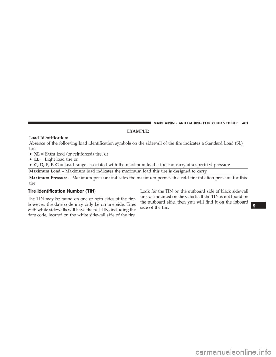 FIAT 500X 2016 2.G Owners Manual EXAMPLE:
Load Identification:
Absence of the following load identification symbols on the sidewall of the tire indicates a Standard Load (SL)
tire:
•XL = Extra load (or reinforced) tire, or
•LL= L