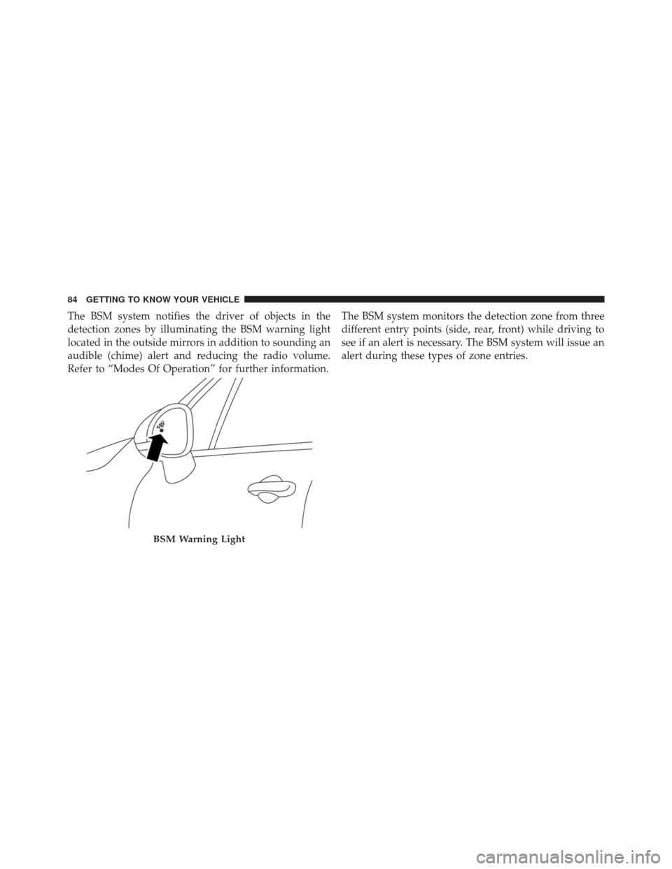 FIAT 500X 2016 2.G Manual Online The BSM system notifies the driver of objects in the
detection zones by illuminating the BSM warning light
located in the outside mirrors in addition to sounding an
audible (chime) alert and reducing 
