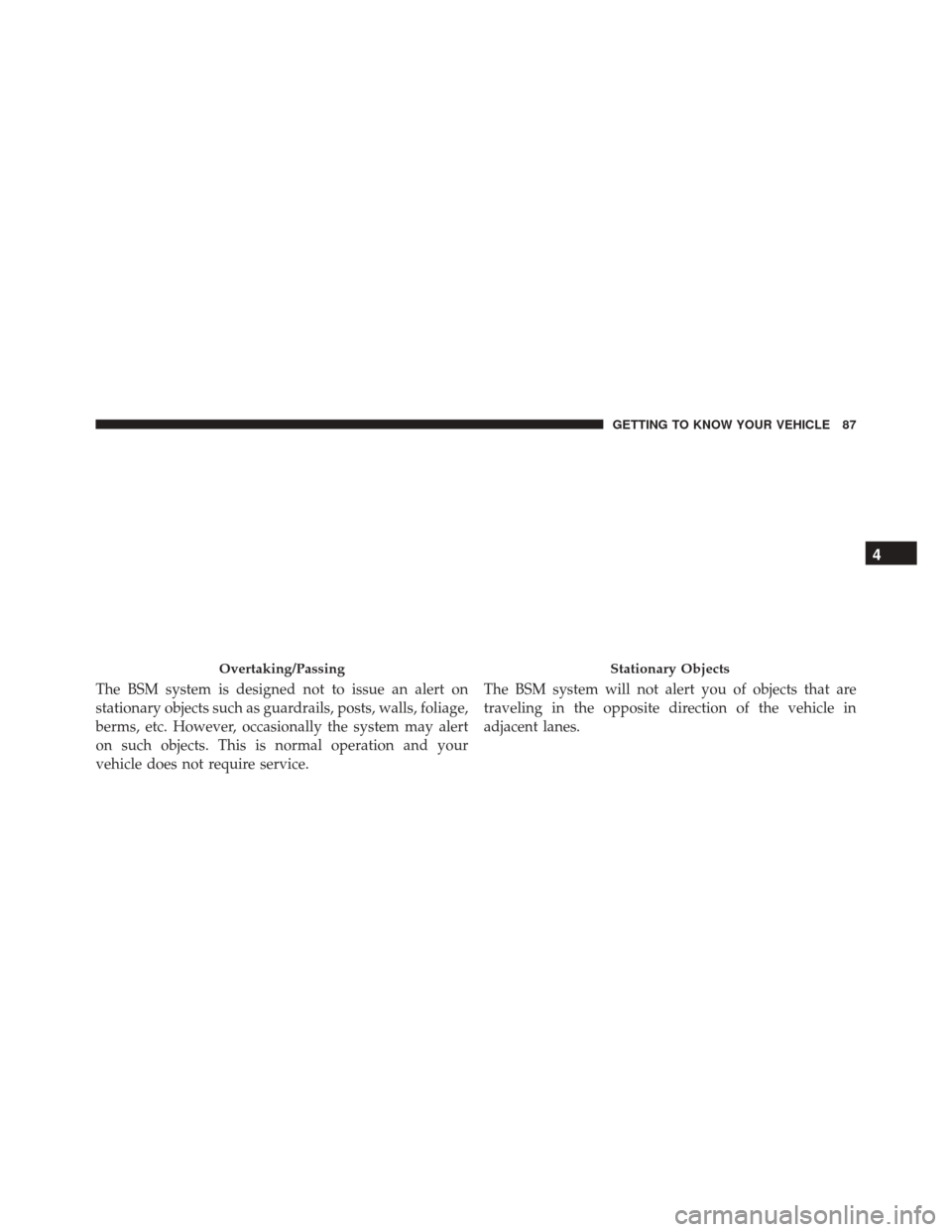 FIAT 500X 2016 2.G Manual Online The BSM system is designed not to issue an alert on
stationary objects such as guardrails, posts, walls, foliage,
berms, etc. However, occasionally the system may alert
on such objects. This is normal