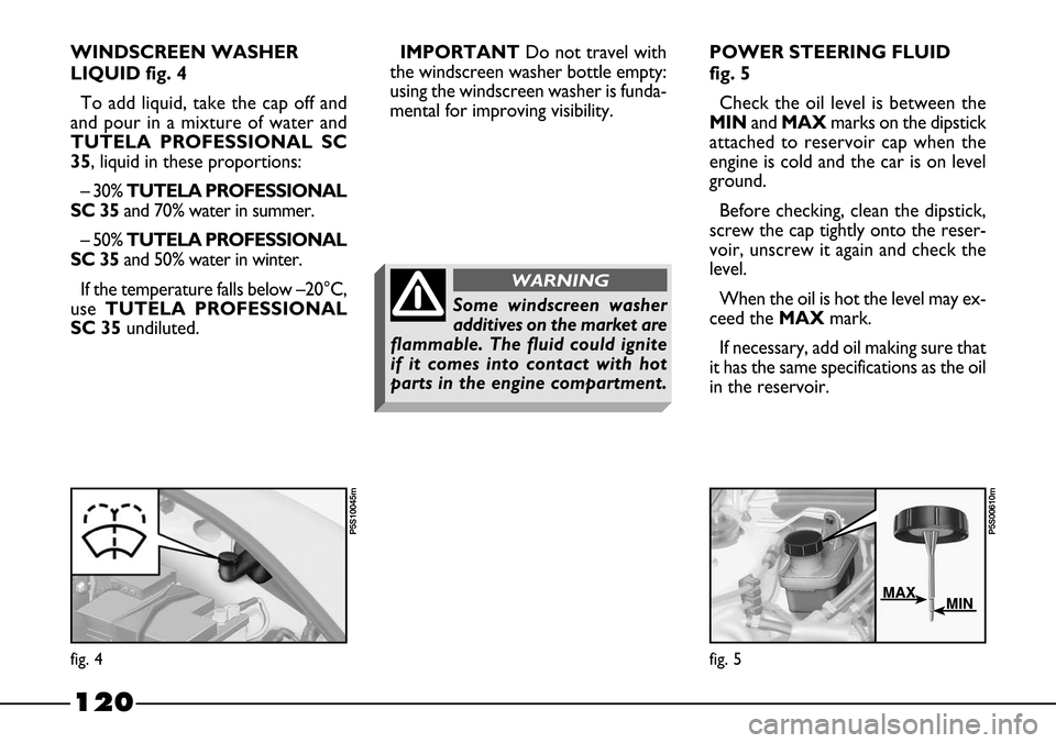 FIAT BARCHETTA 2003 1.G User Guide 120
WINDSCREEN WASHER
LIQUID fig. 4
To add liquid, take the cap off and
and pour in a mixture of water and
TUTELA PROFESSIONAL SC
35, liquid in these proportions:
– 30% TUTELA PROFESSIONAL
SC 35and 