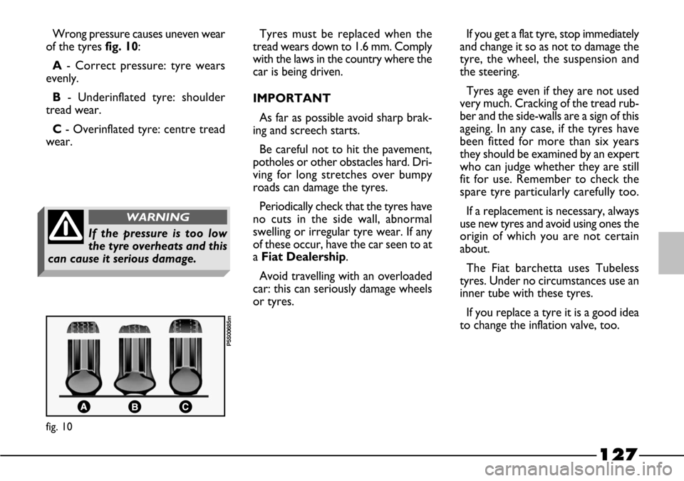 FIAT BARCHETTA 2003 1.G Owners Manual 127
Wrong pressure causes uneven wear
of the tyresfig. 10:
A- Correct pressure: tyre wears
evenly.
B- Underinflated tyre: shoulder
tread wear.
C- Overinflated tyre: centre tread
wear.If you get a flat FIAT BARCHETTA 2003 1.G Owners Manual 127
Wrong pressure causes uneven wear
of the tyresfig. 10:
A- Correct pressure: tyre wears
evenly.
B- Underinflated tyre: shoulder
tread wear.
C- Overinflated tyre: centre tread
wear.If you get a flat