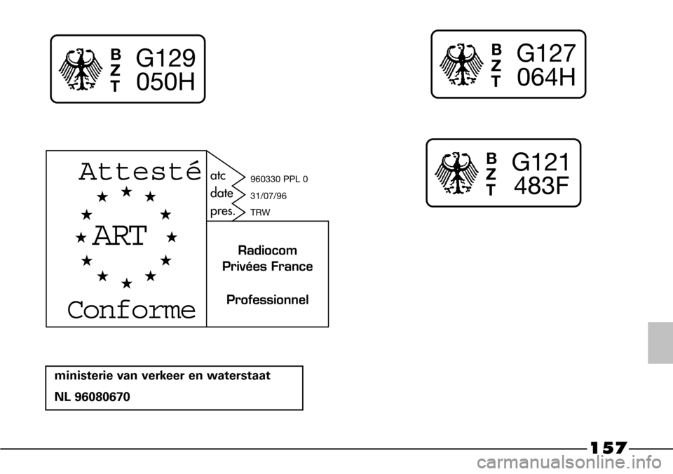 FIAT BARCHETTA 2003 1.G Owners Manual 157
B
Z
TG129
050H
ministerie van verkeer en waterstaat
NL 96080670
B
Z
TG127
064H
B
Z
TG121
483F
ART
Attesté
Conforme
Professionnel atc
date
pres.
Radiocom
Privées France
960330 PPL 0
31/07/96
TRW FIAT BARCHETTA 2003 1.G Owners Manual 157
B
Z
TG129
050H
ministerie van verkeer en waterstaat
NL 96080670
B
Z
TG127
064H
B
Z
TG121
483F
ART
Attesté
Conforme
Professionnel atc
date
pres.
Radiocom
Privées France
960330 PPL 0
31/07/96
TRW