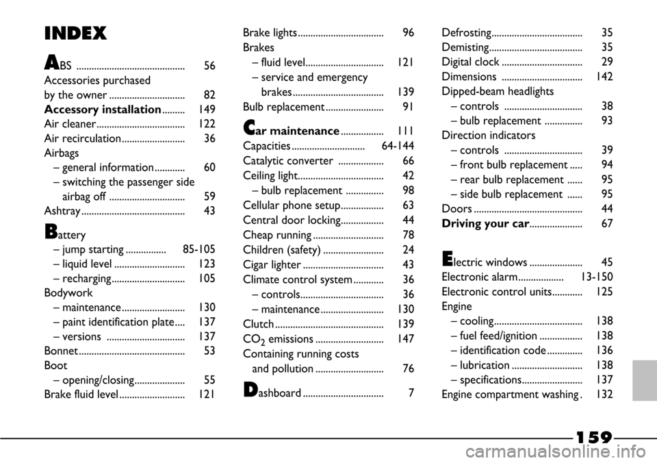 FIAT BARCHETTA 2003 1.G User Guide 159
INDEX
ABS ........................................... 56
Accessories purchased 
by the owner .............................. 82
Accessory installation......... 149
Air cleaner......................