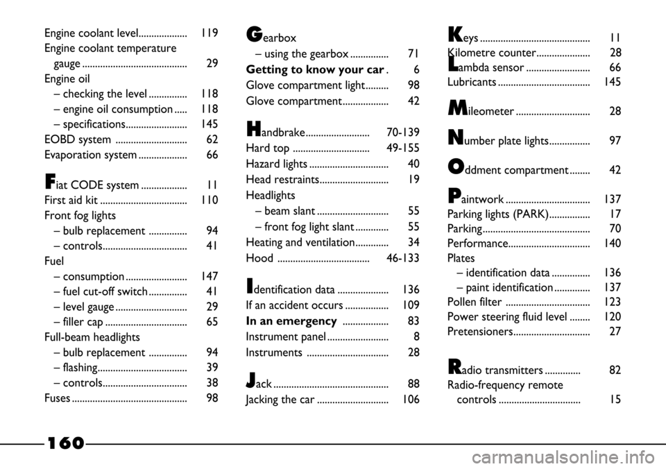 FIAT BARCHETTA 2003 1.G Owners Manual 160
Engine coolant level................... 119
Engine coolant temperature
gauge ......................................... 29
Engine oil
– checking the level ............... 118
– engine oil con FIAT BARCHETTA 2003 1.G Owners Manual 160
Engine coolant level................... 119
Engine coolant temperature
gauge ......................................... 29
Engine oil
– checking the level ............... 118
– engine oil con