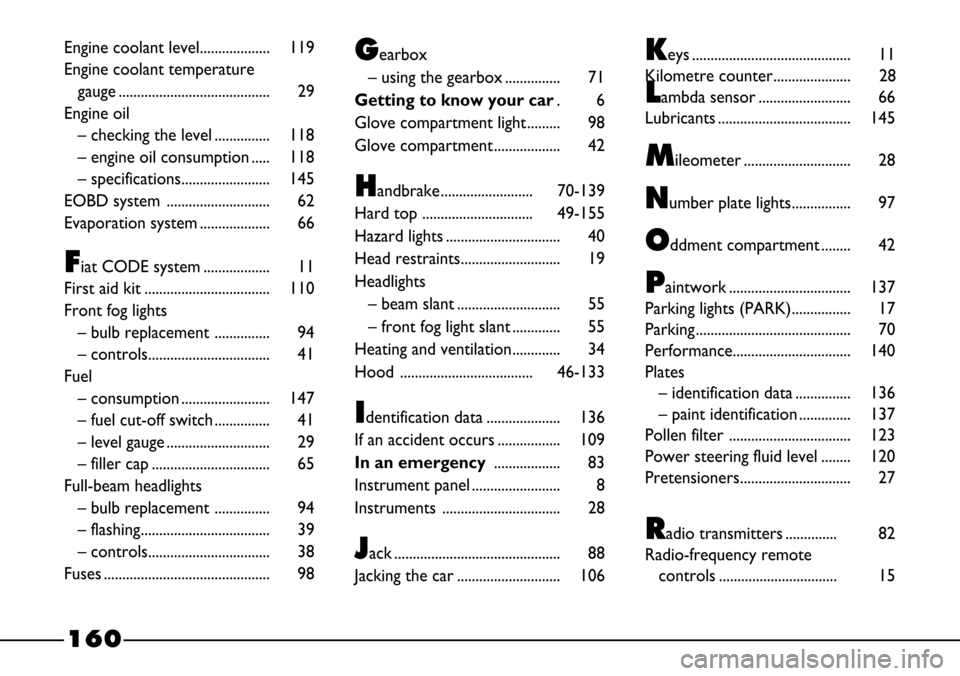 FIAT BARCHETTA 2003 1.G Owners Manual 160
Engine coolant level................... 119
Engine coolant temperature 
gauge ......................................... 29
Engine oil 
– checking the level ............... 118
– engine oil con