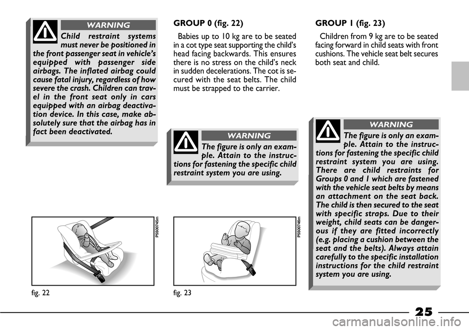 FIAT BARCHETTA 2003 1.G Owners Manual 25
GROUP 0 (fig. 22)
Babies up to 10 kg are to be seated
in a cot type seat supporting the child’s
head facing backwards. This ensures
there is no stress on the child’s neck
in sudden deceleration FIAT BARCHETTA 2003 1.G Owners Manual 25
GROUP 0 (fig. 22)
Babies up to 10 kg are to be seated
in a cot type seat supporting the child’s
head facing backwards. This ensures
there is no stress on the child’s neck
in sudden deceleration