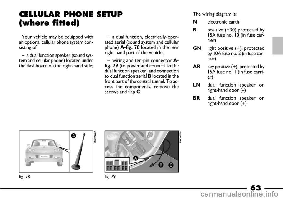 FIAT BARCHETTA 2003 1.G Repair Manual 63
CELLULAR PHONE SETUP
(where fitted)
Your vehicle may be equipped with
an optional cellular phone system con-
sisting of:
– a dual function speaker (sound sys-
tem and cellular phone) located und FIAT BARCHETTA 2003 1.G Repair Manual 63
CELLULAR PHONE SETUP
(where fitted)
Your vehicle may be equipped with
an optional cellular phone system con-
sisting of:
– a dual function speaker (sound sys-
tem and cellular phone) located und