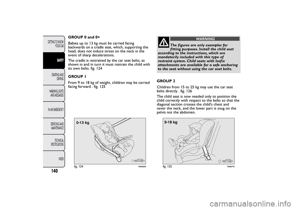 FIAT BRAVO 2013 2.G Owners Manual GROUP 0 and 0+
Babies up to 13 kg must be carried facing
backwards on a cradle seat, which, supporting the
head, does not induce stress on the neck in the
event of sharp decelerations.
The cradle is r FIAT BRAVO 2013 2.G Owners Manual GROUP 0 and 0+
Babies up to 13 kg must be carried facing
backwards on a cradle seat, which, supporting the
head, does not induce stress on the neck in the
event of sharp decelerations.
The cradle is r