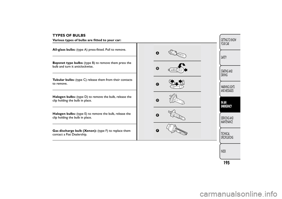 FIAT BRAVO 2013 2.G Owners Manual TYPES OF BULBSVarious types of bulbs are fitted to your car:
All-glass bulbs:(type A) press-fitted. Pull to remove.Bayonet type bulbs:(type B) to remove them press the
bulb and turn it anticlockwise.
