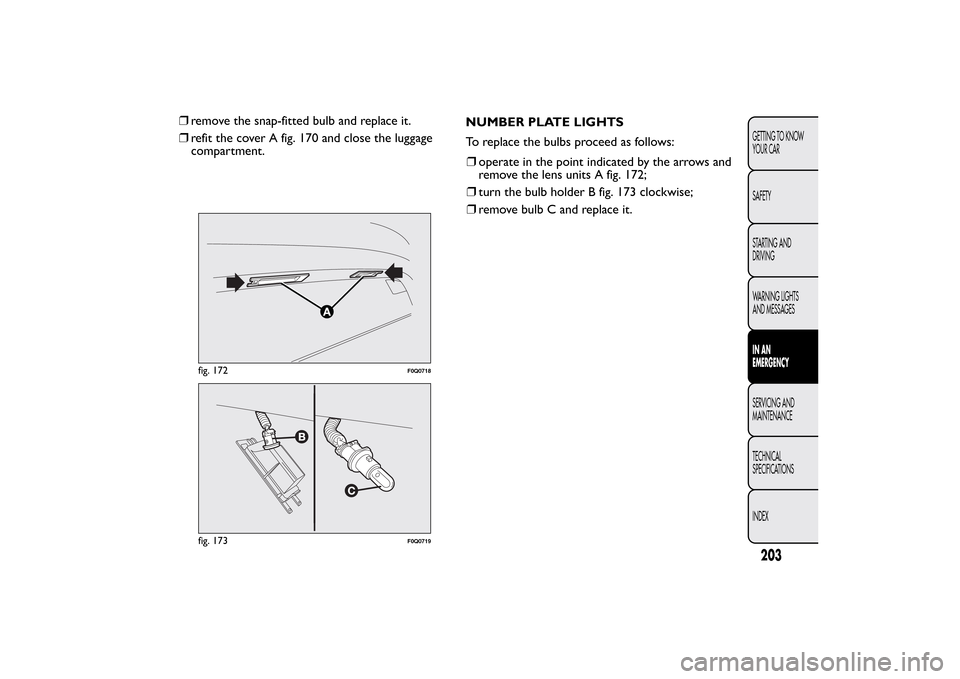 FIAT BRAVO 2013 2.G User Guide ❒remove the snap-fitted bulb and replace it.
❒refit the cover A fig. 170 and close the luggage
compartment.NUMBER PLATE LIGHTS
To replace the bulbs proceed as follows:
❒operate in the point indi