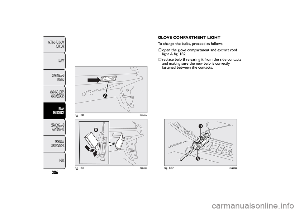 FIAT BRAVO 2013 2.G Owners Manual GLOVE COMPARTMENT LIGHT
To change the bulbs, proceed as follows:
❒open the glove compartment and extract roof
light A fig. 182;
❒replace bulb B releasing it from the side contacts
and making sure FIAT BRAVO 2013 2.G Owners Manual GLOVE COMPARTMENT LIGHT
To change the bulbs, proceed as follows:
❒open the glove compartment and extract roof
light A fig. 182;
❒replace bulb B releasing it from the side contacts
and making sure