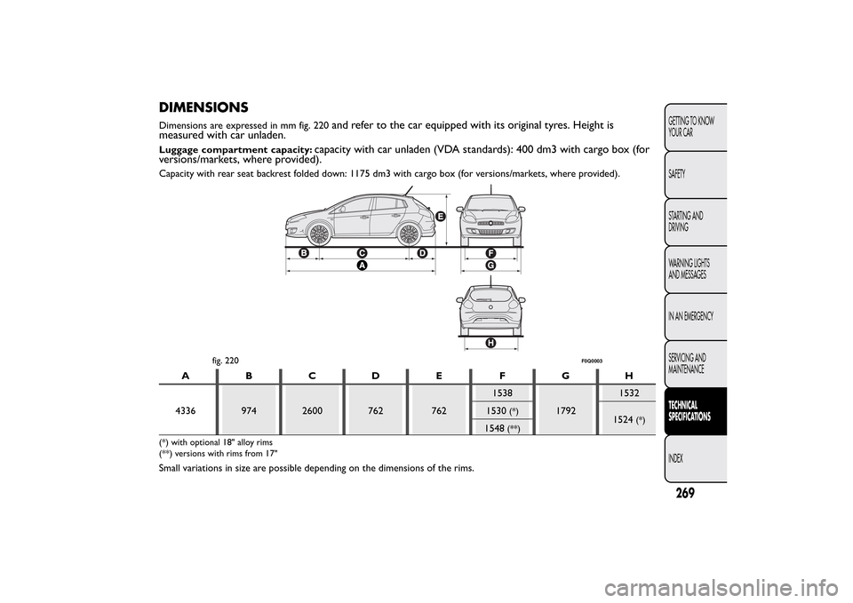 FIAT BRAVO 2013 2.G Owners Manual DIMENSIONSDimensions are expressed in mm fig. 220
and refer to the car equipped with its original tyres. Height is
measured with car unladen.
Luggage compartment capacity:
capacity with car unladen (V FIAT BRAVO 2013 2.G Owners Manual DIMENSIONSDimensions are expressed in mm fig. 220
and refer to the car equipped with its original tyres. Height is
measured with car unladen.
Luggage compartment capacity:
capacity with car unladen (V