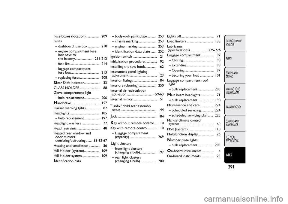 FIAT BRAVO 2013 2.G Owners Manual Fuse boxes (location)................. 209
Fuses
– dashboard fuse box............... 210
– engine compartment fuse
box next to
211-212
– fuse list..................................... 214
– lu