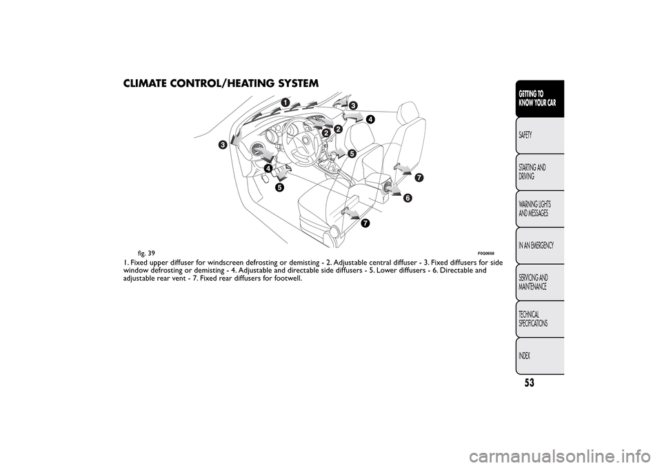 FIAT BRAVO 2013 2.G Workshop Manual CLIMATE CONTROL/HEATING SYSTEM1. Fixed upper diffuser for windscreen defrosting or demisting - 2. Adjustable central diffuser - 3. Fixed diffusers for side
window defrosting or demisting - 4. Adjustab