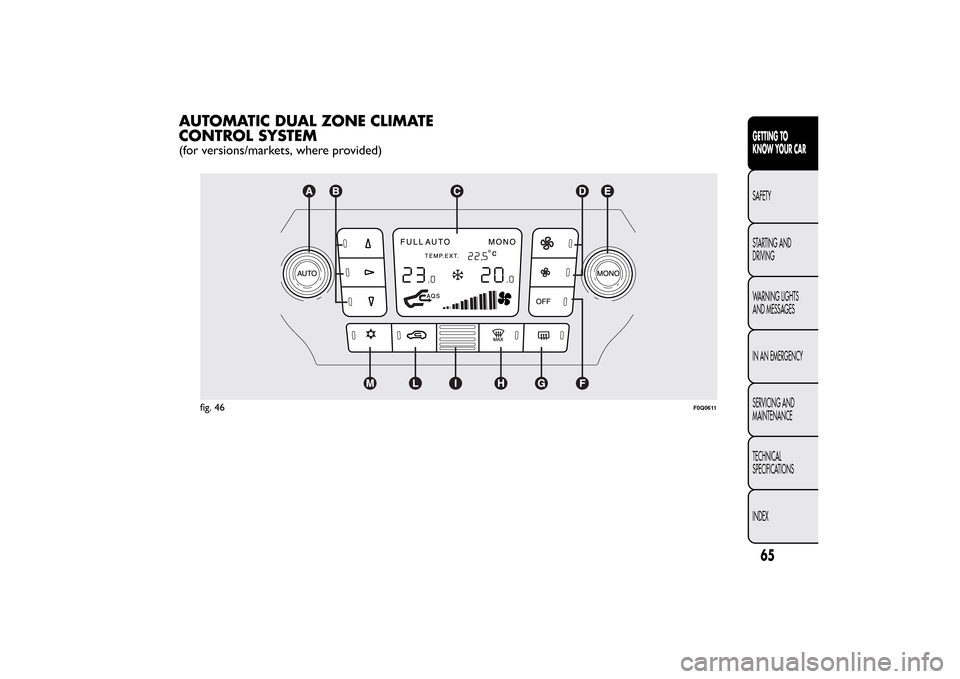 FIAT BRAVO 2013 2.G Repair Manual AUTOMATIC DUAL ZONE CLIMATE
CONTROL SYSTEM(for versions/markets, where provided)
fig. 46
F0Q0611
65GETTING TO
KNOW YOUR CARSAFETY
STARTING AND
DRIVING
WARNING LIGHTS
AND MESSAGES
IN AN EMERGENCY
SERVI