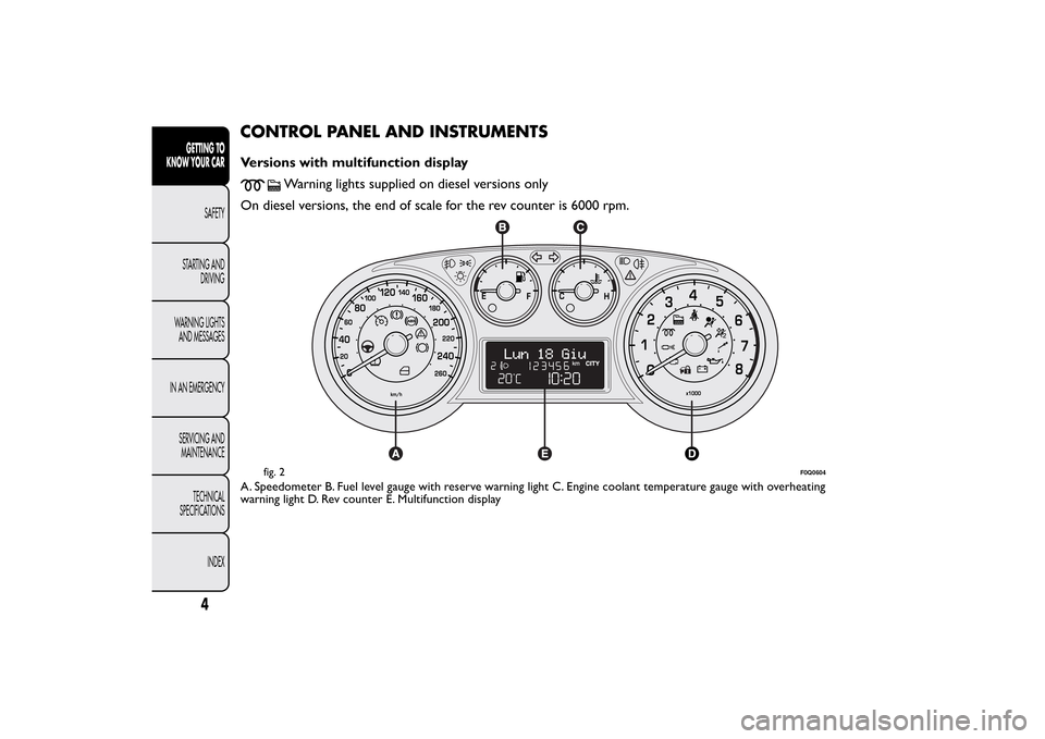 FIAT BRAVO 2013 2.G Owners Manual CONTROL PANEL AND INSTRUMENTSVersions with multifunction display
Warning lights supplied on diesel versions only
On diesel versions, the end of scale for the rev counter is 6000 rpm.
A. Speedometer B.