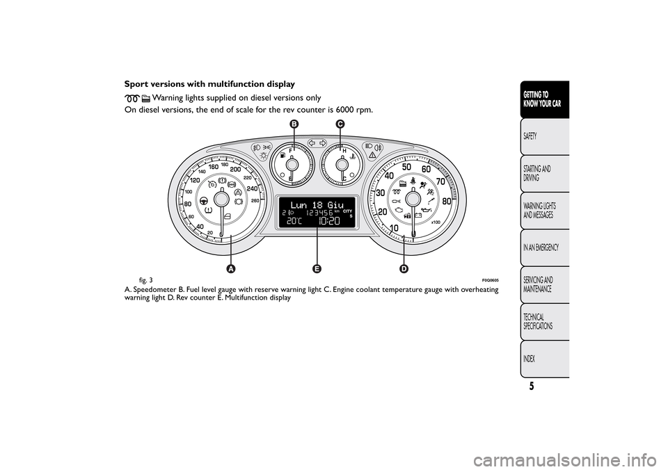 FIAT BRAVO 2013 2.G Owners Manual Sport versions with multifunction display
Warning lights supplied on diesel versions only
On diesel versions, the end of scale for the rev counter is 6000 rpm.
A. Speedometer B. Fuel level gauge with 