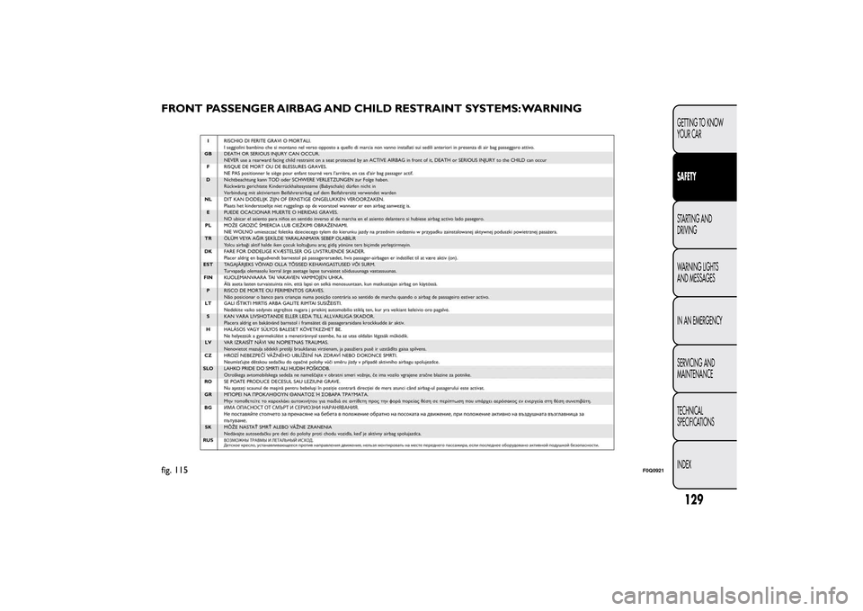 FIAT BRAVO 2014 2.G Owners Manual FRONT PASSENGER AIRBAG AND CHILD RESTRAINT SYSTEMS: WARNINGfig. 115
F0Q0921
129GETTING TO KNOW
YOUR CARSAFETYSTARTING AND
DRIVING
WARNING LIGHTS
AND MESSAGES
IN AN EMERGENCY
SERVICING AND
MAINTENANCE

