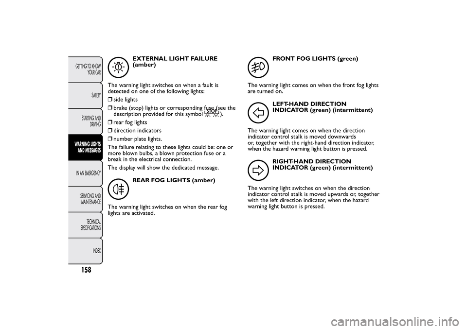 FIAT BRAVO 2014 2.G Owners Manual EXTERNAL LIGHT FAILURE
(amber)
The warning light switches on when a fault is
detected on one of the following lights:
❒side lights
❒brake (stop) lights or corresponding fuse (see the
description p