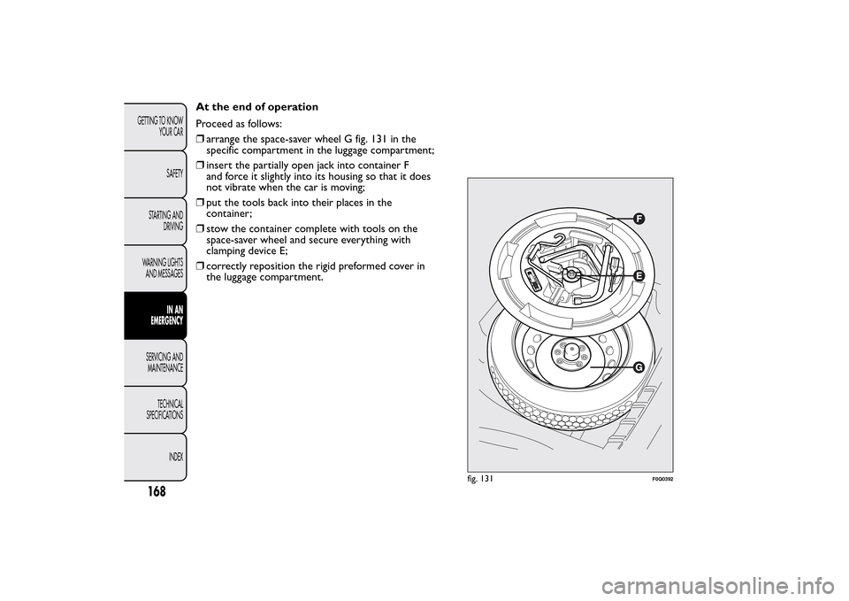 FIAT BRAVO 2014 2.G Owners Manual At the end of operation
Proceed as follows:
❒arrange the space-saver wheel G fig. 131 in the
specific compartment in the luggage compartment;
❒insert the partially open jack into container F
and f