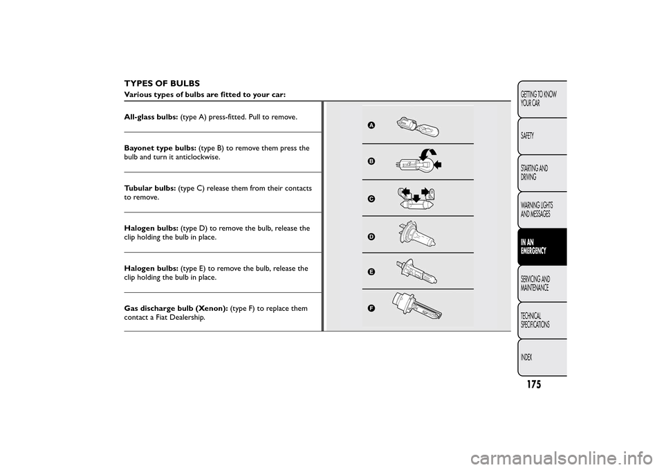 FIAT BRAVO 2014 2.G Owners Manual TYPES OF BULBSVarious types of bulbs are fitted to your car:
All-glass bulbs:(type A) press-fitted. Pull to remove.Bayonet type bulbs:(type B) to remove them press the
bulb and turn it anticlockwise.
