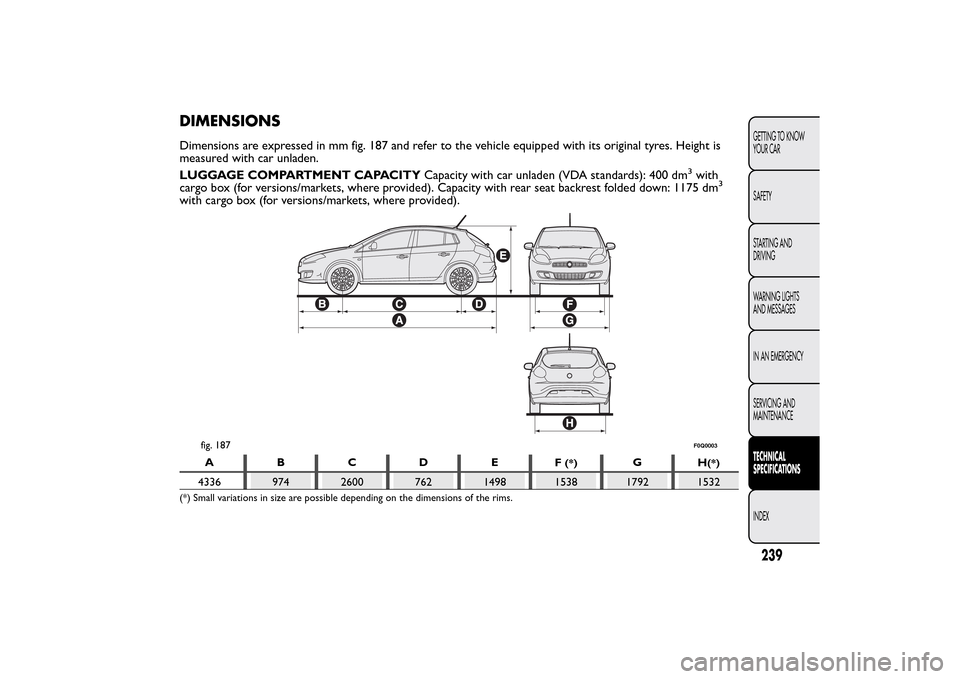FIAT BRAVO 2014 2.G Owners Manual DIMENSIONSDimensions are expressed in mm fig. 187 and refer to the vehicle equipped with its original tyres. Height is
measured with car unladen.
LUGGAGE COMPARTMENT CAPACITYCapacity with car unladen 