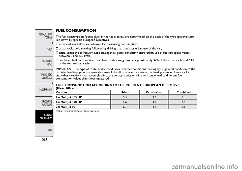 FIAT BRAVO 2014 2.G Owners Manual FUEL CONSUMPTIONThe fuel consumption figures given in the table below are determined on the basis of the type-approval tests
laid down by specific European Directives.
The procedures below are followe