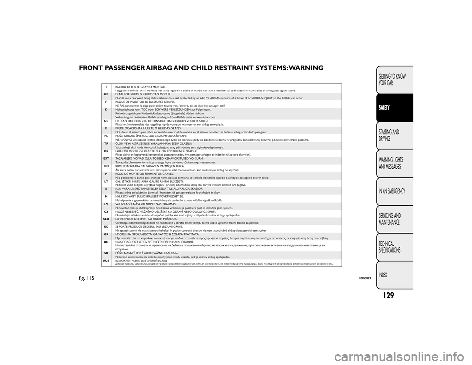 FIAT BRAVO 2015 2.G Owners Manual FRONT PASSENGER AIRBAG AND CHILD RESTRAINT SYSTEMS: WARNINGfig. 115
F0Q0921
129GETTING TO KNOW
YOUR CAR
SAFETY
STARTING AND
DRIVING
WARNING LIGHTS
AND MESSAGES
IN AN EMERGENCY
SERVICING AND
MAINTENANC FIAT BRAVO 2015 2.G Owners Manual FRONT PASSENGER AIRBAG AND CHILD RESTRAINT SYSTEMS: WARNINGfig. 115
F0Q0921
129GETTING TO KNOW
YOUR CAR
SAFETY
STARTING AND
DRIVING
WARNING LIGHTS
AND MESSAGES
IN AN EMERGENCY
SERVICING AND
MAINTENANC