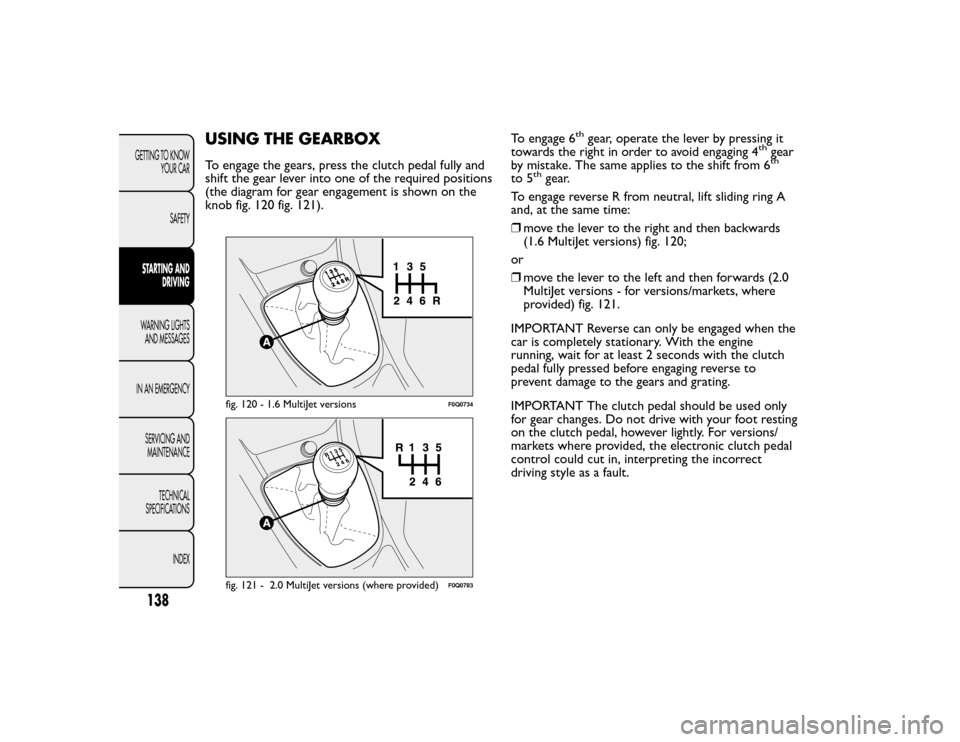FIAT BRAVO 2015 2.G Owners Manual USING THE GEARBOXTo engage the gears, press the clutch pedal fully and
shift the gear lever into one of the required positions
(the diagram for gear engagement is shown on the
knob fig. 120 fig. 121). FIAT BRAVO 2015 2.G Owners Manual USING THE GEARBOXTo engage the gears, press the clutch pedal fully and
shift the gear lever into one of the required positions
(the diagram for gear engagement is shown on the
knob fig. 120 fig. 121).