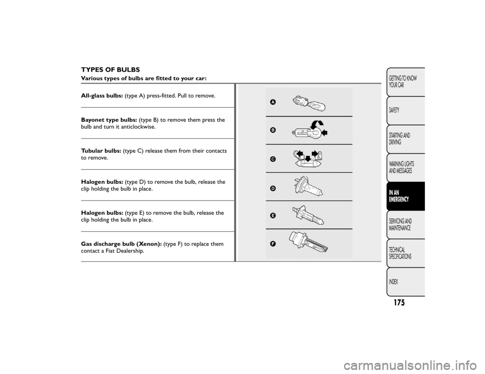 FIAT BRAVO 2015 2.G Owners Manual TYPES OF BULBSVarious types of bulbs are fitted to your car:
All-glass bulbs:(type A) press-fitted. Pull to remove.Bayonet type bulbs: (type B) to remove them press the
bulb and turn it anticlockwise.