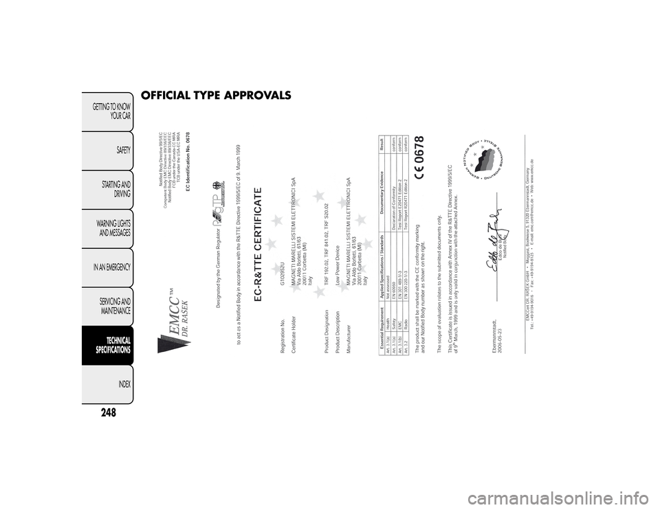 FIAT BRAVO 2015 2.G Owners Manual OFFICIAL TYPE APPROVALS
248GETTING TO KNOWYOUR CAR
SAFETY
STARTING AND DRIVING
WARNING LIGHTS AND MESSAGES
IN AN EMERGENCY SERVICING ANDMAINTENANCE
TECHNICAL
SPECIFICATIONS
INDEX FIAT BRAVO 2015 2.G Owners Manual OFFICIAL TYPE APPROVALS
248GETTING TO KNOWYOUR CAR
SAFETY
STARTING AND DRIVING
WARNING LIGHTS AND MESSAGES
IN AN EMERGENCY SERVICING ANDMAINTENANCE
TECHNICAL
SPECIFICATIONS
INDEX