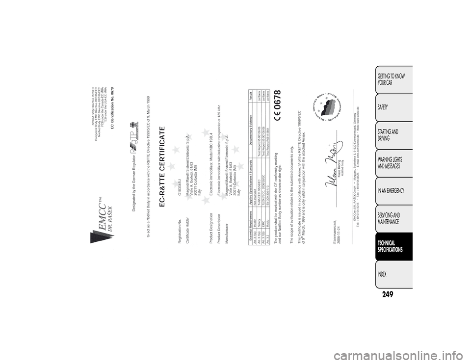 FIAT BRAVO 2015 2.G Owners Manual 249GETTING TO KNOW
YOUR CAR
SAFETY
STARTING AND
DRIVING
WARNING LIGHTS
AND MESSAGES
IN AN EMERGENCY
SERVICING AND
MAINTENANCE
TECHNICAL
SPECIFICATIONS
INDEX FIAT BRAVO 2015 2.G Owners Manual 249GETTING TO KNOW
YOUR CAR
SAFETY
STARTING AND
DRIVING
WARNING LIGHTS
AND MESSAGES
IN AN EMERGENCY
SERVICING AND
MAINTENANCE
TECHNICAL
SPECIFICATIONS
INDEX