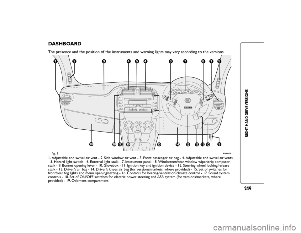 FIAT BRAVO 2015 2.G Owners Manual DASHBOARDThe presence and the position of the instruments and warning lights may vary according to the versions.1. Adjustable and swivel air vent - 2. Side window air vent - 3. Front passenger air bag FIAT BRAVO 2015 2.G Owners Manual DASHBOARDThe presence and the position of the instruments and warning lights may vary according to the versions.1. Adjustable and swivel air vent - 2. Side window air vent - 3. Front passenger air bag