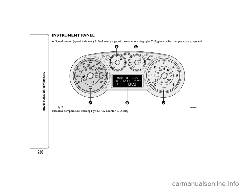 FIAT BRAVO 2015 2.G Owners Manual INSTRUMENT PANELA. Speedometer (speed indicator) B. Fuel level gauge with reserve warning light C. Engine coolant temperature gauge and
excessive temperature warning light D. Rev counter E. Display
fi