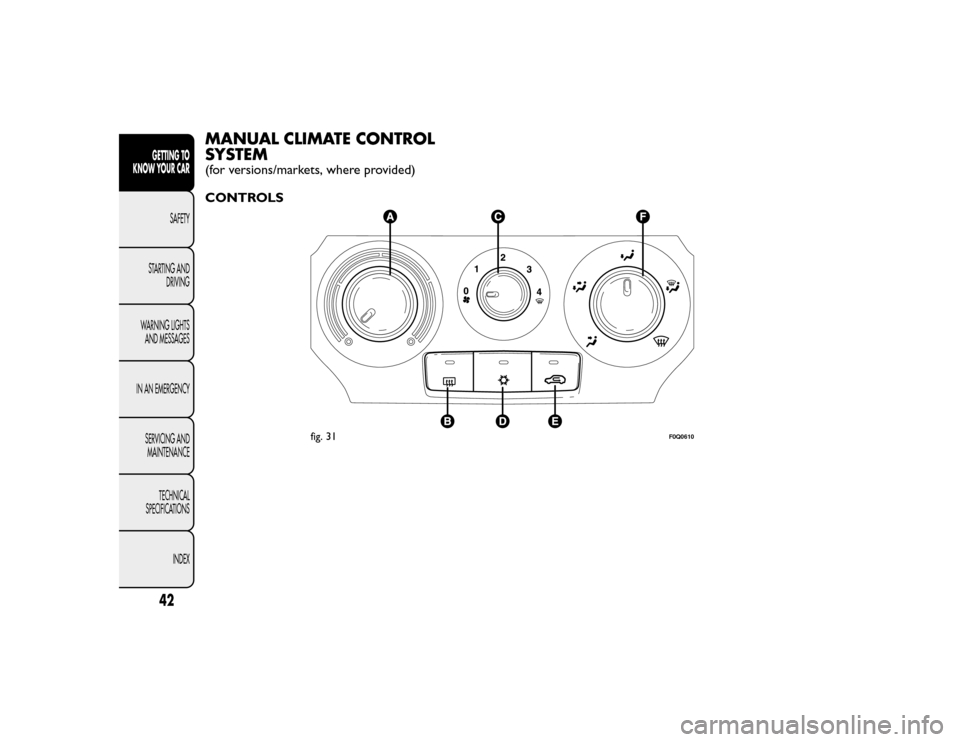 FIAT BRAVO 2015 2.G Service Manual MANUAL CLIMATE CONTROL
SYSTEM(for versions/markets, where provided)
CONTROLS
fig. 31
F0Q0610
42GETTING TO
KNOW YOUR CAR
SAFETY
STARTING AND DRIVING
WARNING LIGHTS AND MESSAGES
IN AN EMERGENCY SERVICIN