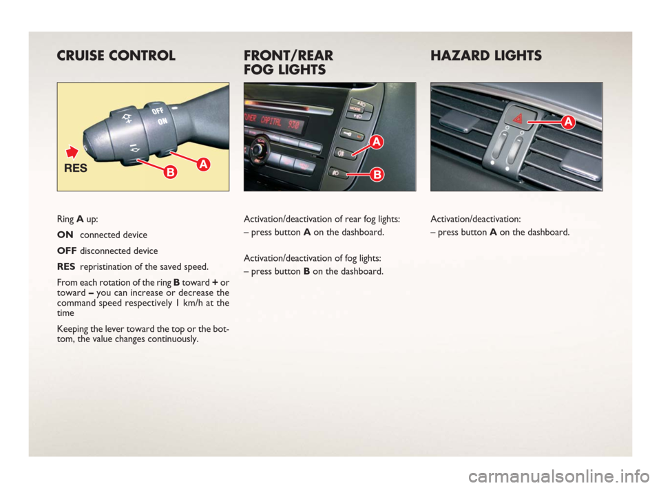 FIAT BRAVO 2006 1.G Ready To Go Manual CRUISE CONTROL
Ring Aup:
ONconnected device 
OFF disconnected device
RESrepristination of the saved speed.
From each rotation of the ring Btoward +or
toward –you can increase or decrease the
command