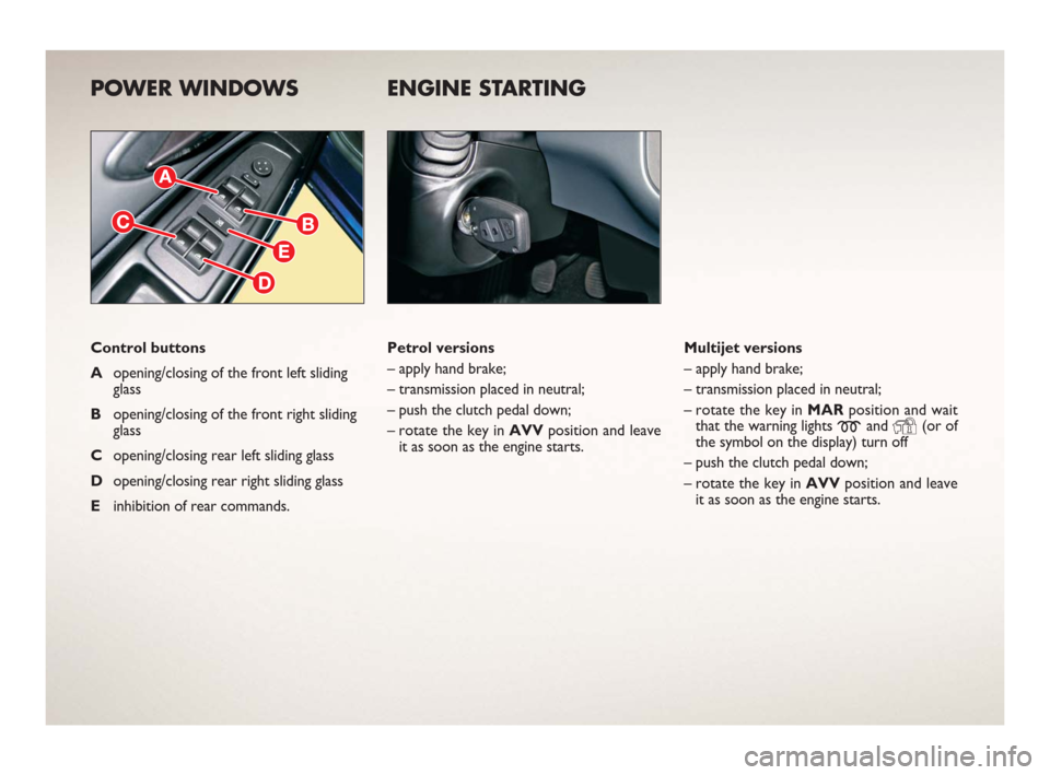 FIAT BRAVO 2006 1.G Ready To Go Manual POWER WINDOWS
Control buttons
Aopening/closing of the front left sliding
glass 
Bopening/closing of the front right sliding
glass  
Copening/closing rear left sliding glass
Dopening/closing rear right