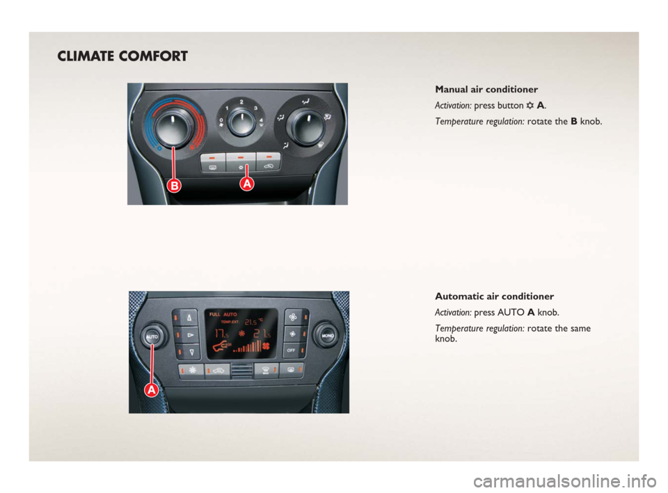 FIAT BRAVO 2006 1.G Ready To Go Manual CLIMATE COMFORT 
Manual air conditioner
Activation:press button 
√A.
Temperature regulation:rotate the Bknob.
Automatic air conditioner 
Activation:press AUTO Aknob. 
Temperature regulation:rotate t