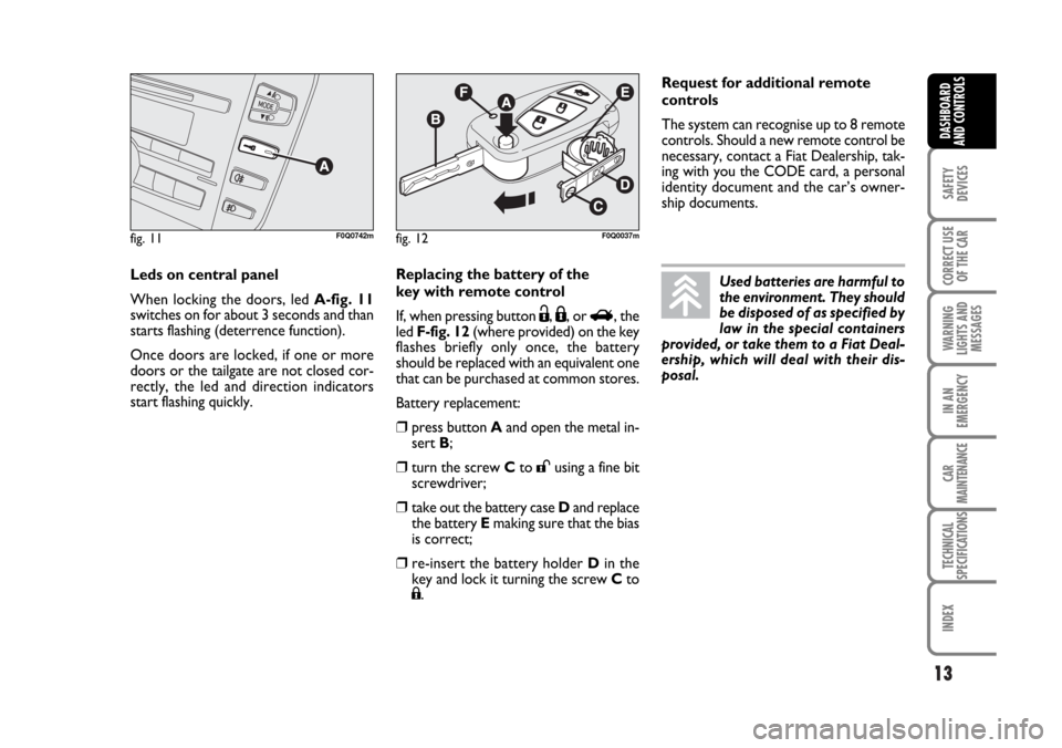 FIAT BRAVO 2007 2.G Owners Manual 13
SAFETY
DEVICES
CORRECT USE
OF THE CAR
WARNING
LIGHTS AND
MESSAGES
IN AN
EMERGENCY
CAR
MAINTENANCE
TECHNICAL
SPECIFICATIONS
INDEX
DASHBOARD
AND CONTROLS
fig. 11F0Q0742m
Leds on central panel
When lo