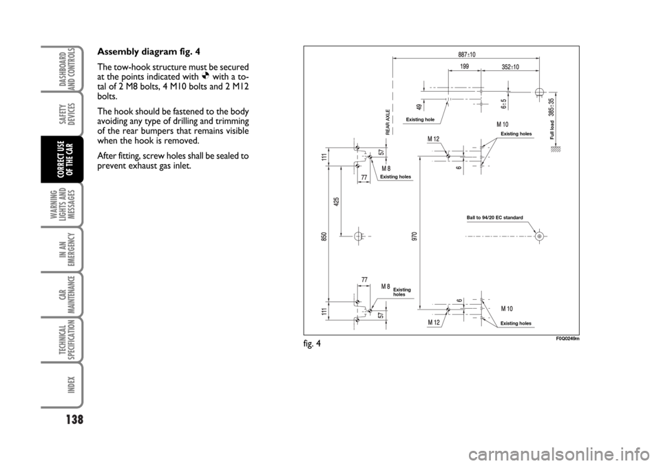 FIAT BRAVO 2007 2.G Owners Manual 138
SAFETY
DEVICES
WARNING
LIGHTS AND
MESSAGES
IN AN
EMERGENCY
CAR
MAINTENANCE
TECHNICAL
SPECIFICATION
INDEX
DASHBOARD
AND CONTROLS
CORRECT USE
OF THE CAR
Assembly diagram fig. 4
The tow-hook structur