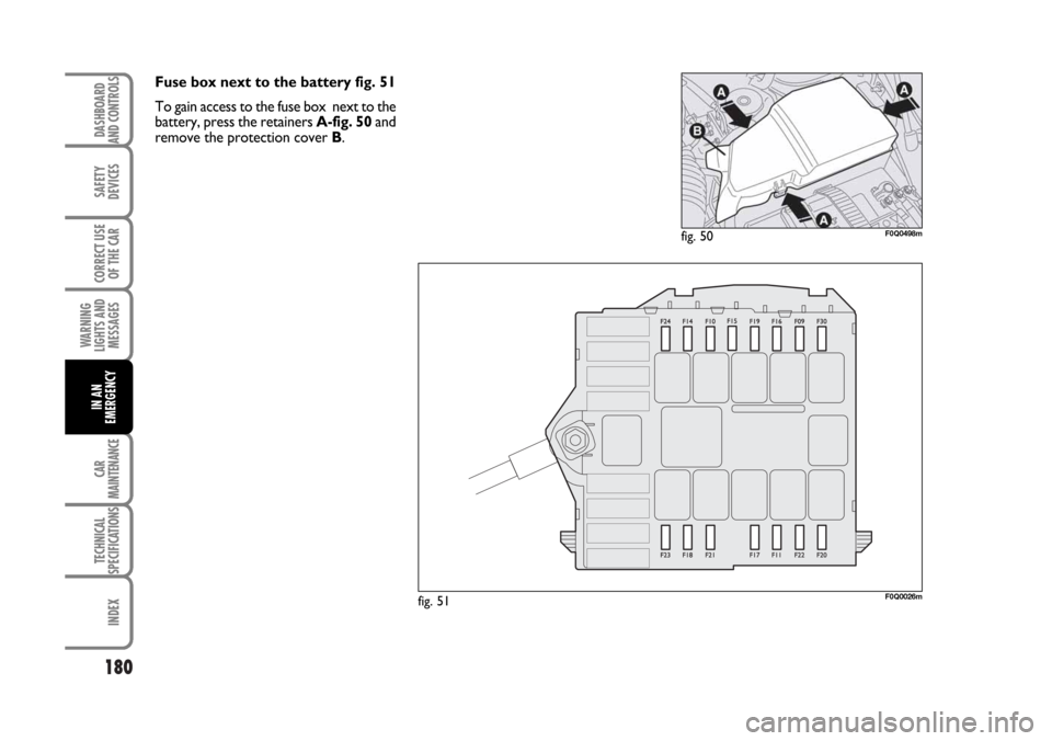 FIAT BRAVO 2007 2.G Owners Manual 180
SAFETY
DEVICES
CORRECT USE
OF THE CAR
WARNING
LIGHTS AND
MESSAGES
CAR
MAINTENANCE
TECHNICAL
SPECIFICATIONS
INDEX
DASHBOARD
AND CONTROLS
IN AN
EMERGENCY
Fuse box next to the battery fig. 51
To gain FIAT BRAVO 2007 2.G Owners Manual 180
SAFETY
DEVICES
CORRECT USE
OF THE CAR
WARNING
LIGHTS AND
MESSAGES
CAR
MAINTENANCE
TECHNICAL
SPECIFICATIONS
INDEX
DASHBOARD
AND CONTROLS
IN AN
EMERGENCY
Fuse box next to the battery fig. 51
To gain