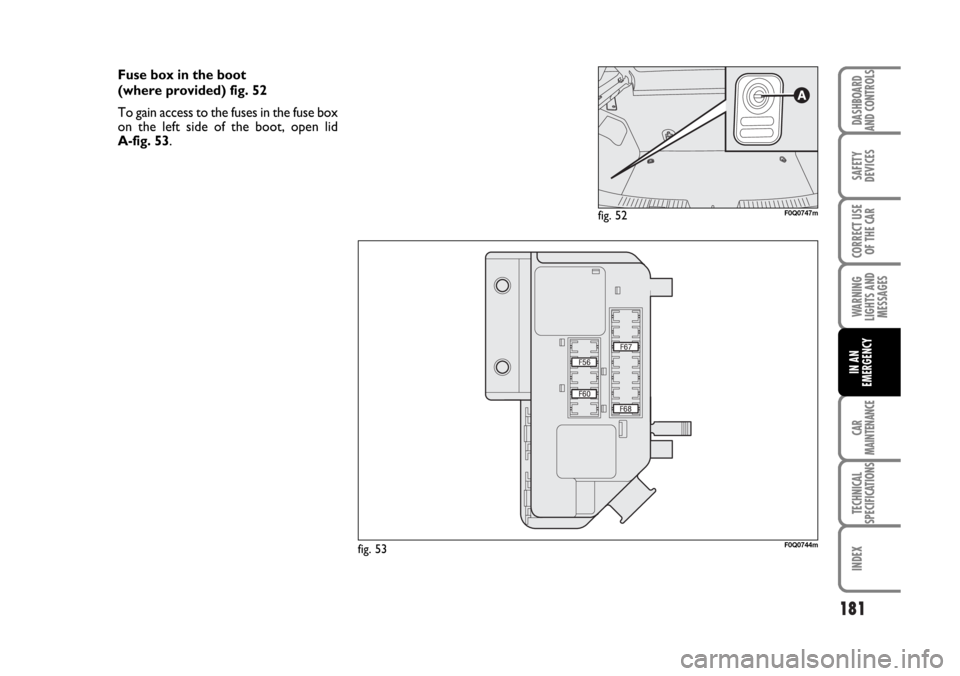 FIAT BRAVO 2007 2.G Owners Manual 181
SAFETY
DEVICES
CORRECT USE
OF THE CAR
WARNING
LIGHTS AND
MESSAGES
CAR
MAINTENANCE
TECHNICAL
SPECIFICATIONS
INDEX
DASHBOARD
AND CONTROLS
IN AN
EMERGENCY
Fuse box in the boot
(where provided) fig. FIAT BRAVO 2007 2.G Owners Manual 181
SAFETY
DEVICES
CORRECT USE
OF THE CAR
WARNING
LIGHTS AND
MESSAGES
CAR
MAINTENANCE
TECHNICAL
SPECIFICATIONS
INDEX
DASHBOARD
AND CONTROLS
IN AN
EMERGENCY
Fuse box in the boot
(where provided) fig.